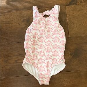 Minnow Swim - GirlsPink Floral Bow Tie l One Piece Swimsuit - Size: 5/6Y